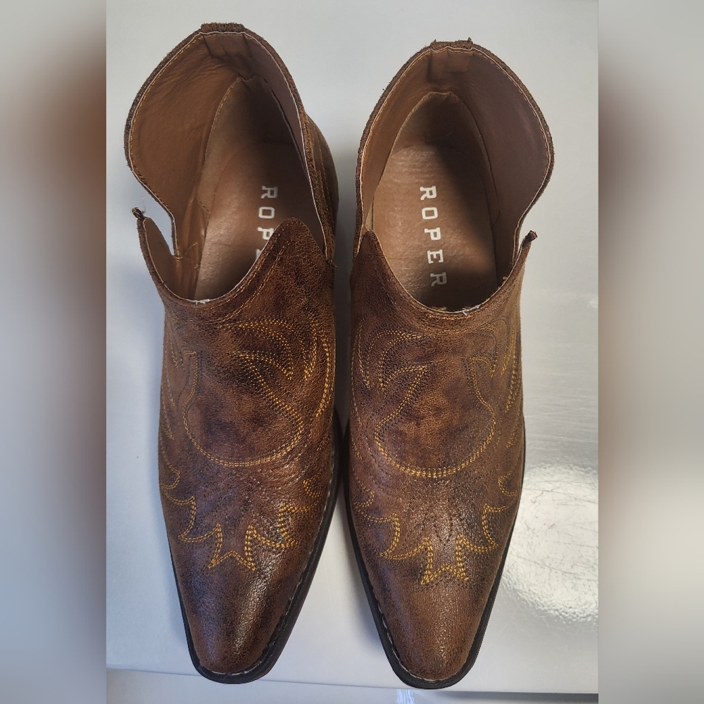 Roper Womens Tan Faux Leather Ava Western Ankle Boots Size 8.5